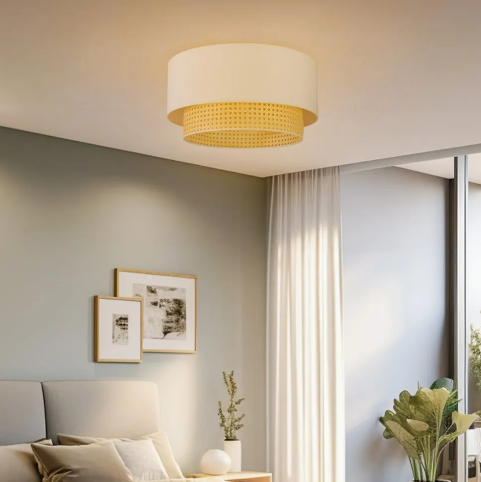 Loftlampe Boho, Ø 45 cm, creme-hvid/rattan