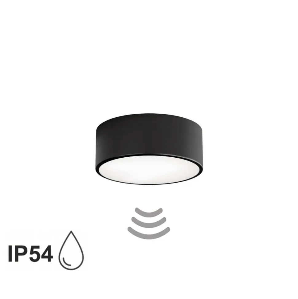 Loftlampe Cleo 200, sort, sensor, IP54, Ø 20 cm, metal