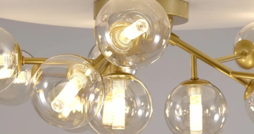 Loftlampe Dallas med 12 glaskugler, guld