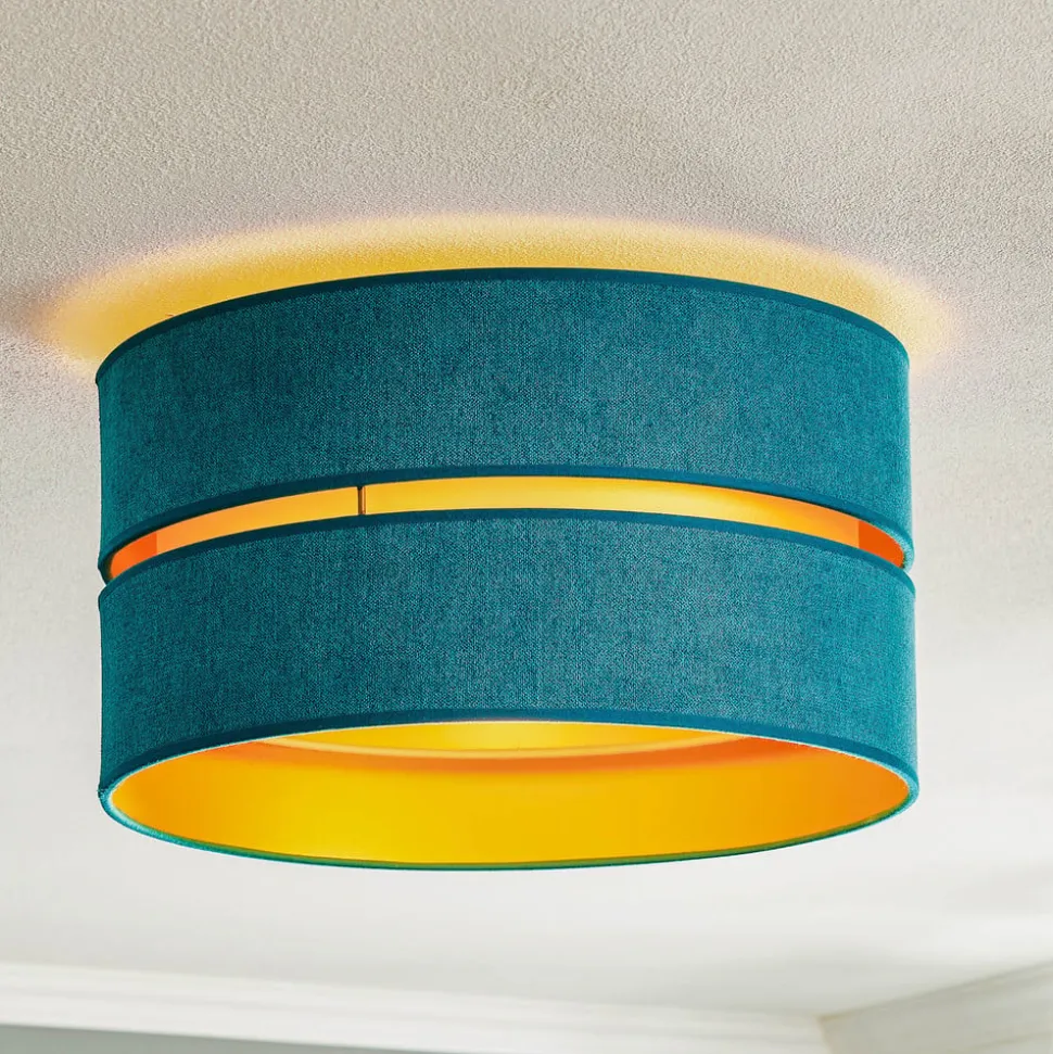 Loftlampe Duo i tekstil, turkis/guld, Ø40cm