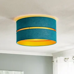 Loftlampe Duo i tekstil, turkis/guld, Ø40cm