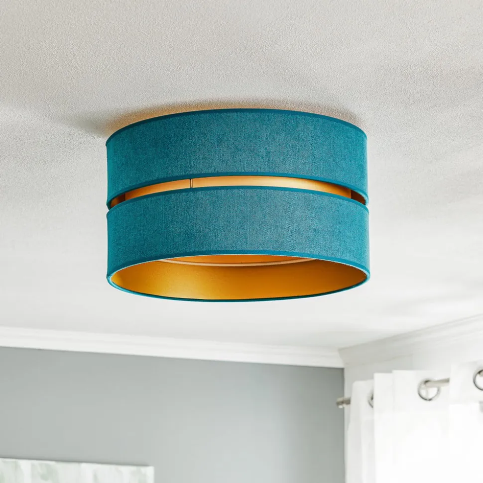 Loftlampe Duo i tekstil, turkis/guld, Ø40cm