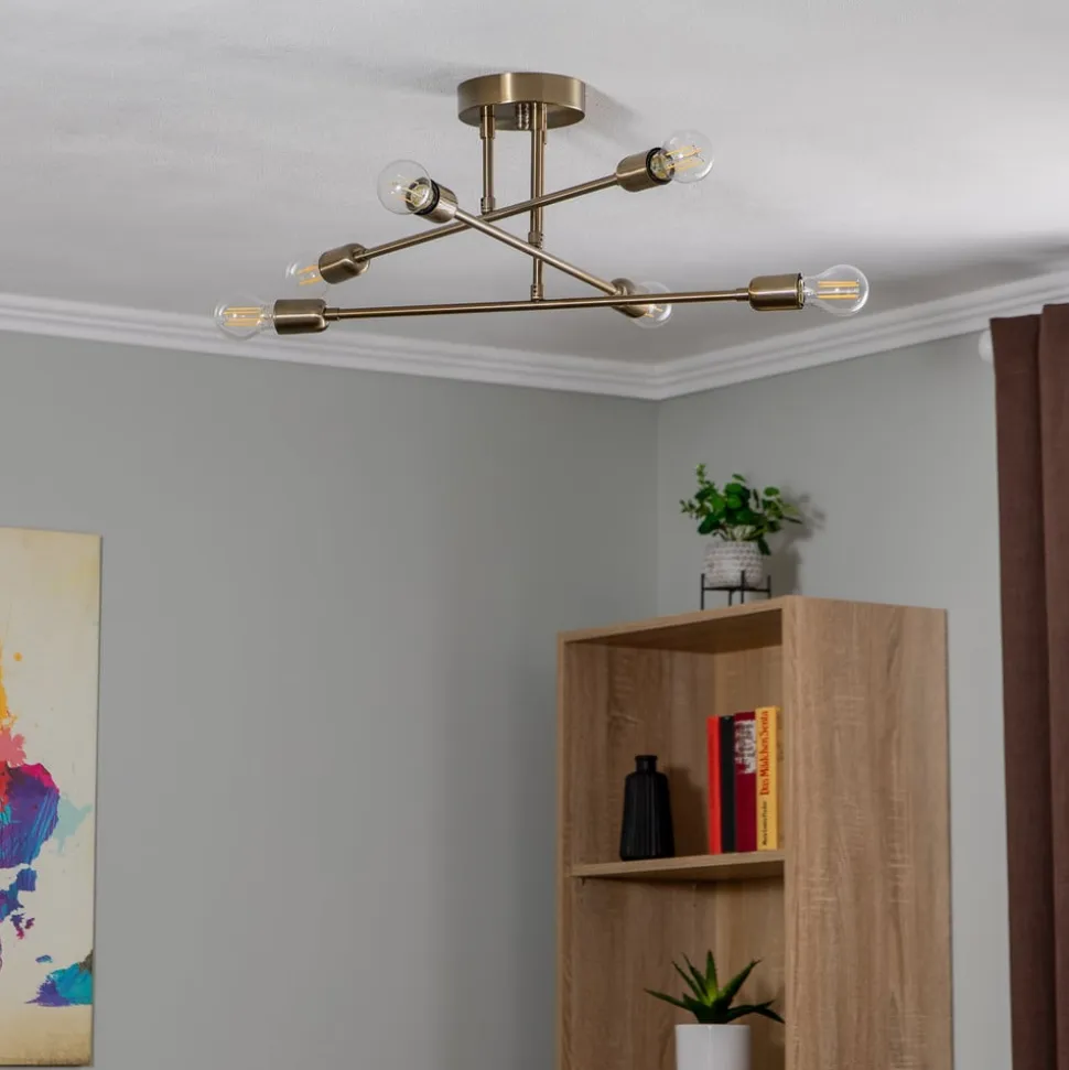 Loftlampe Flower 176, 6 lyskilder, guld antik