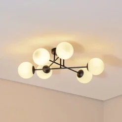Loftlampe Glassy, 6 lyskilder, sort/opal