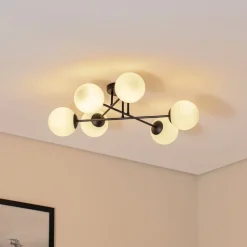 Loftlampe Glassy, 6 lyskilder, sort/opal