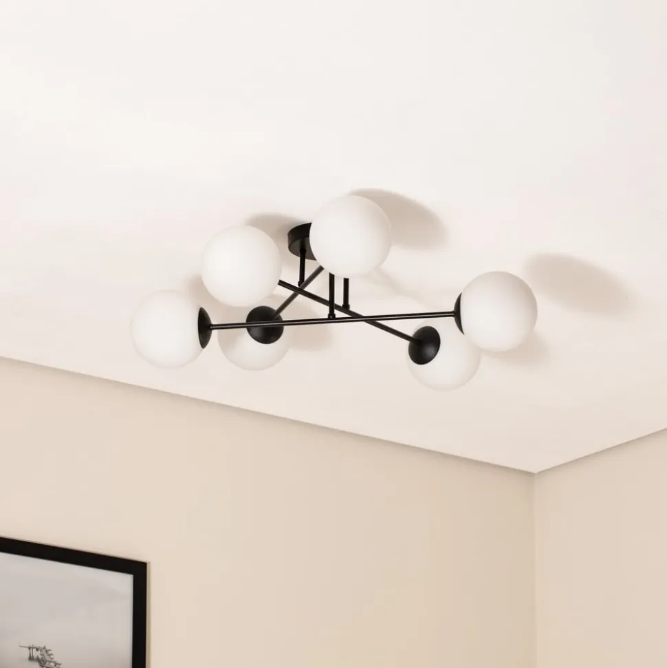 Loftlampe Glassy, 6 lyskilder, sort/opal