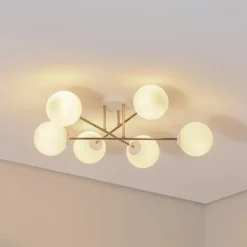 Loftlampe Glassy, 6 lyskilder, hvid/guld/opal
