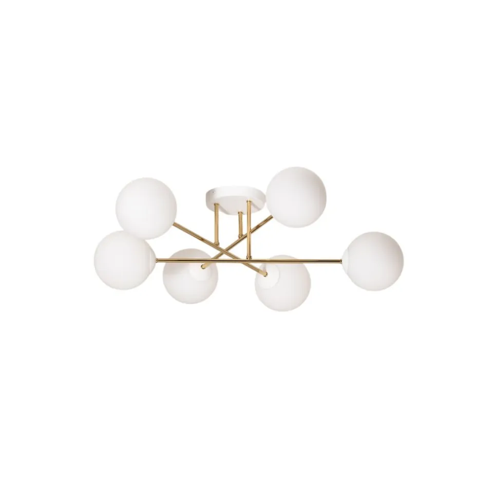 Loftlampe Glassy, 6 lyskilder, hvid/guld/opal