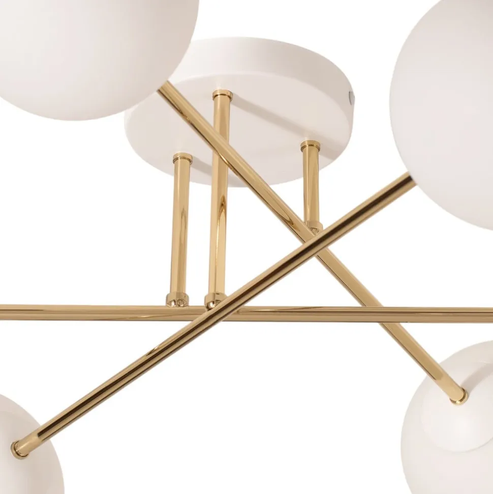 Loftlampe Glassy, 6 lyskilder, hvid/guld/opal