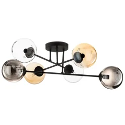 Loftlampe Glassy, sort, grafit/amber/klar, 6 lyskilder.