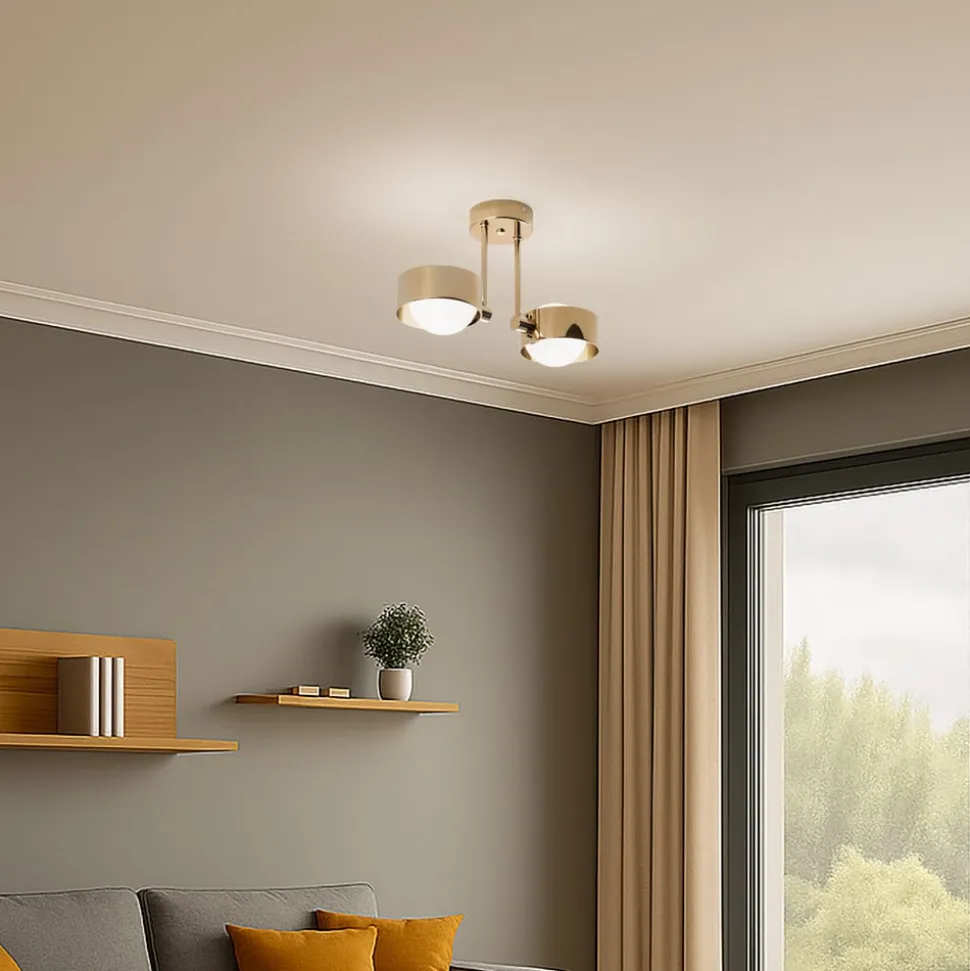 Loftlampe Mado, stål messingfarvet, glas opal, 2 lyskilder.