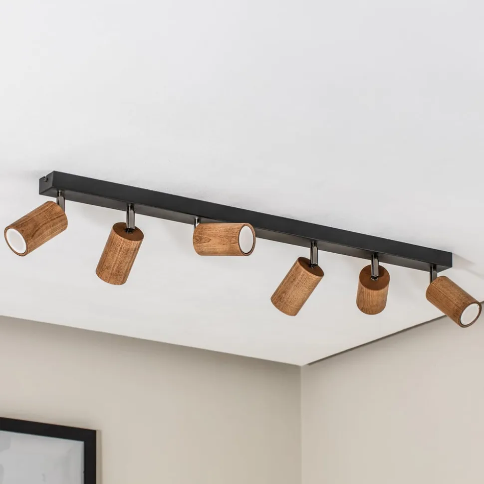 Loftlampe Nise, 6 lyskilder, aflang, sort stål, træ