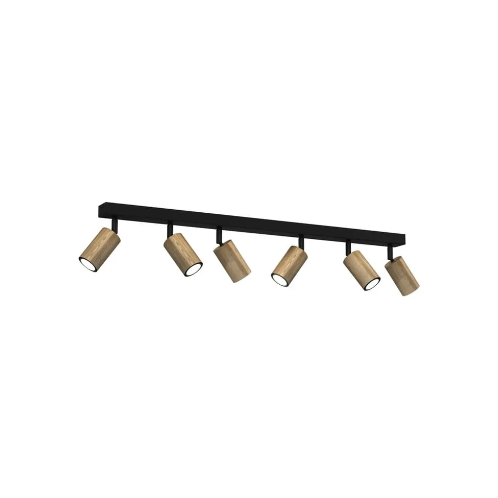 Loftlampe Nise, 6 lyskilder, aflang, sort stål, træ