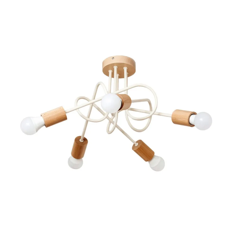Loftlampe Oxford, sandbeige, træ, metal, 5 lyskilder, Ø 47 cm