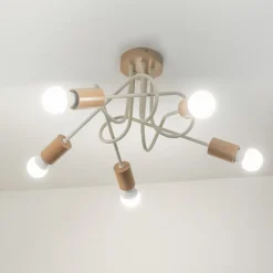 Loftlampe Oxford, sandbeige, træ, metal, 5 lyskilder, Ø 47 cm