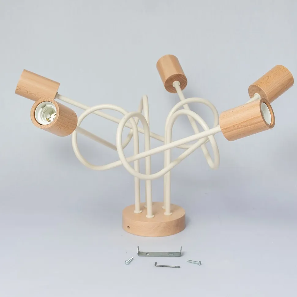 Loftlampe Oxford, sandbeige, træ, metal, 5 lyskilder, Ø 47 cm