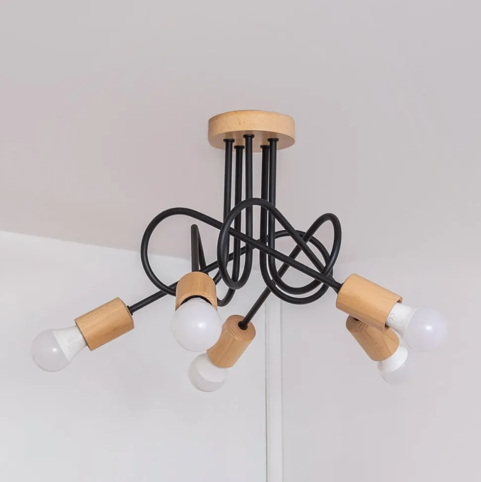 Loftlampe Oxford, sort, træ, metal, 5 lyskilder, Ø 47 cm
