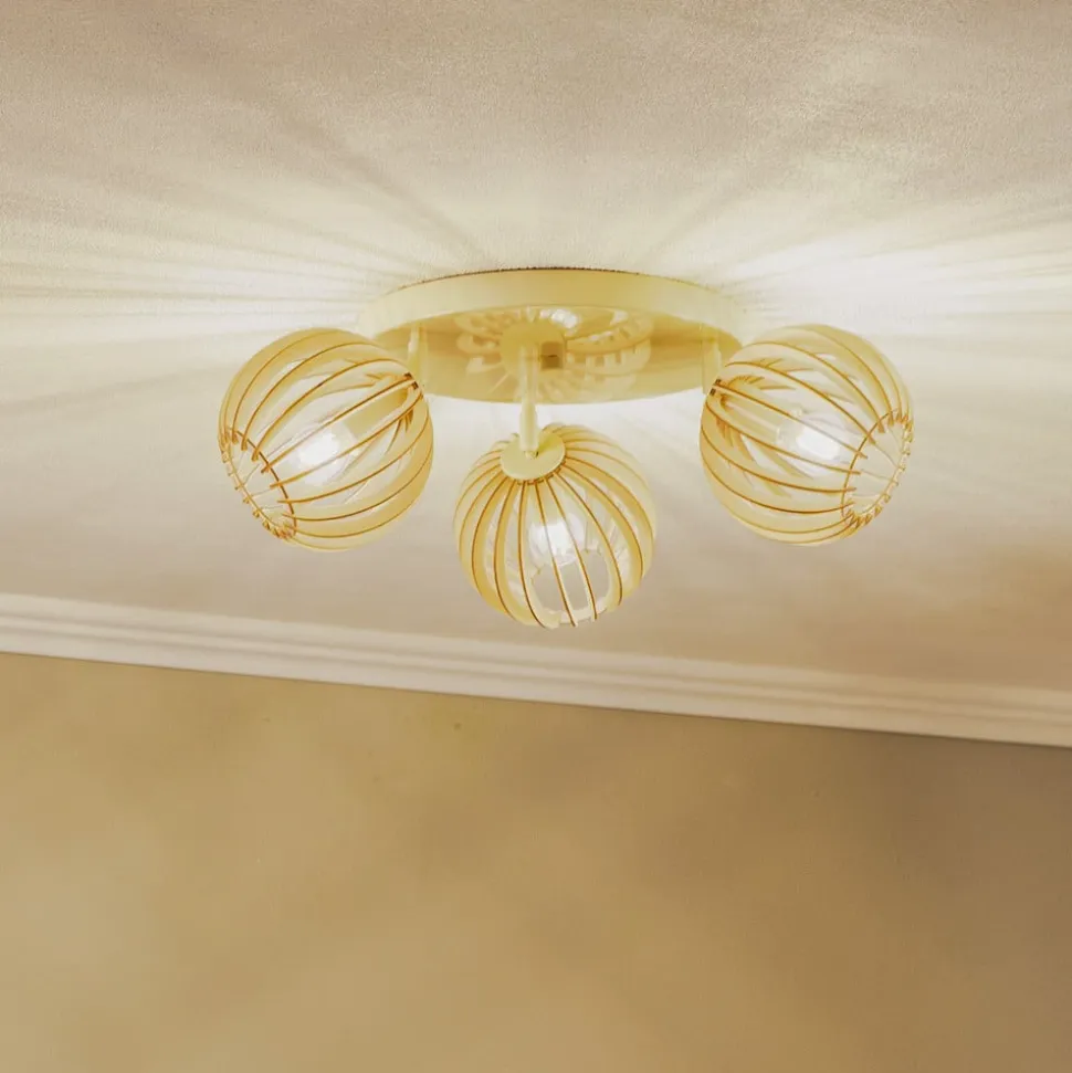 Loftlampe Paz hvid med trælameller-kugler 3 lyskilder.