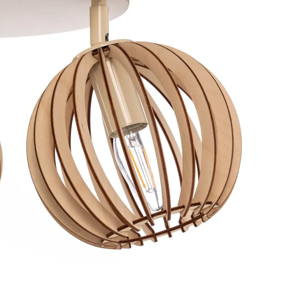 Loftlampe Paz hvid med trælameller-kugler 3 lyskilder.