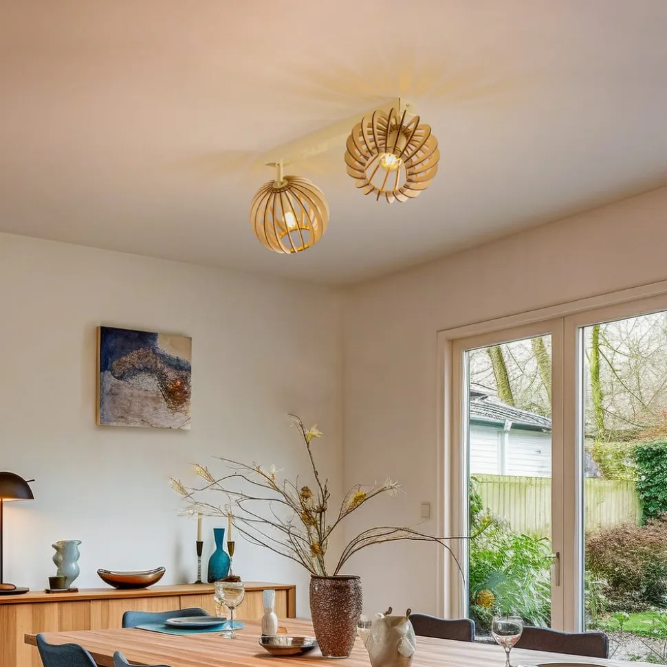 Loftlampe Paz hvid trælameller-kugler, 2 lyskilder.