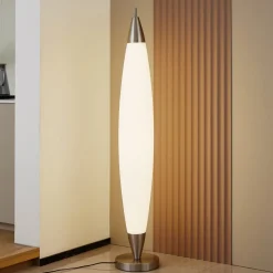 Lucande LED-gulvlampe Tarell, hvid/nikkel, 146 cm, dæmpbar