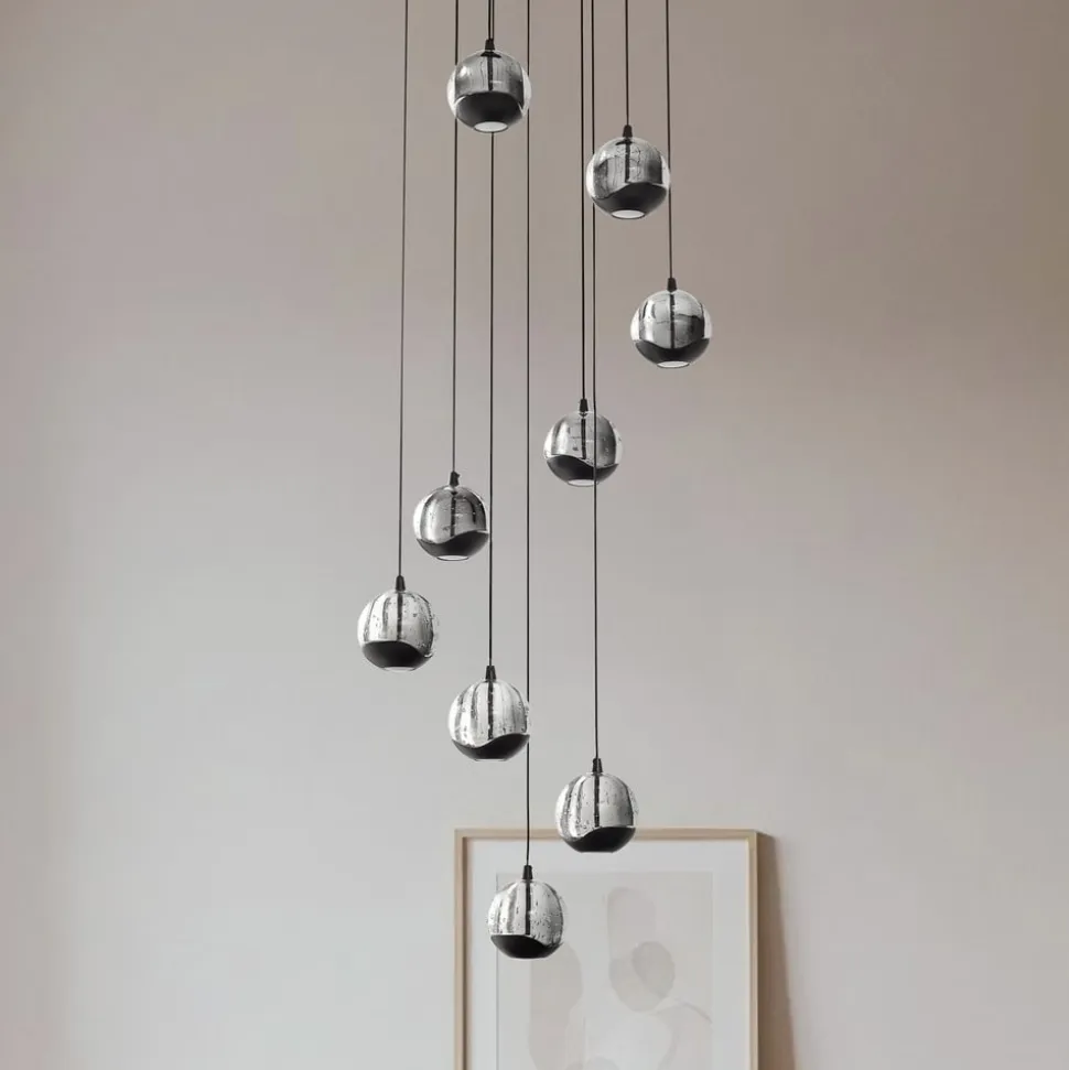 Lucande LED-hængelampe Hayley, sort, 9 lyskilder, glas