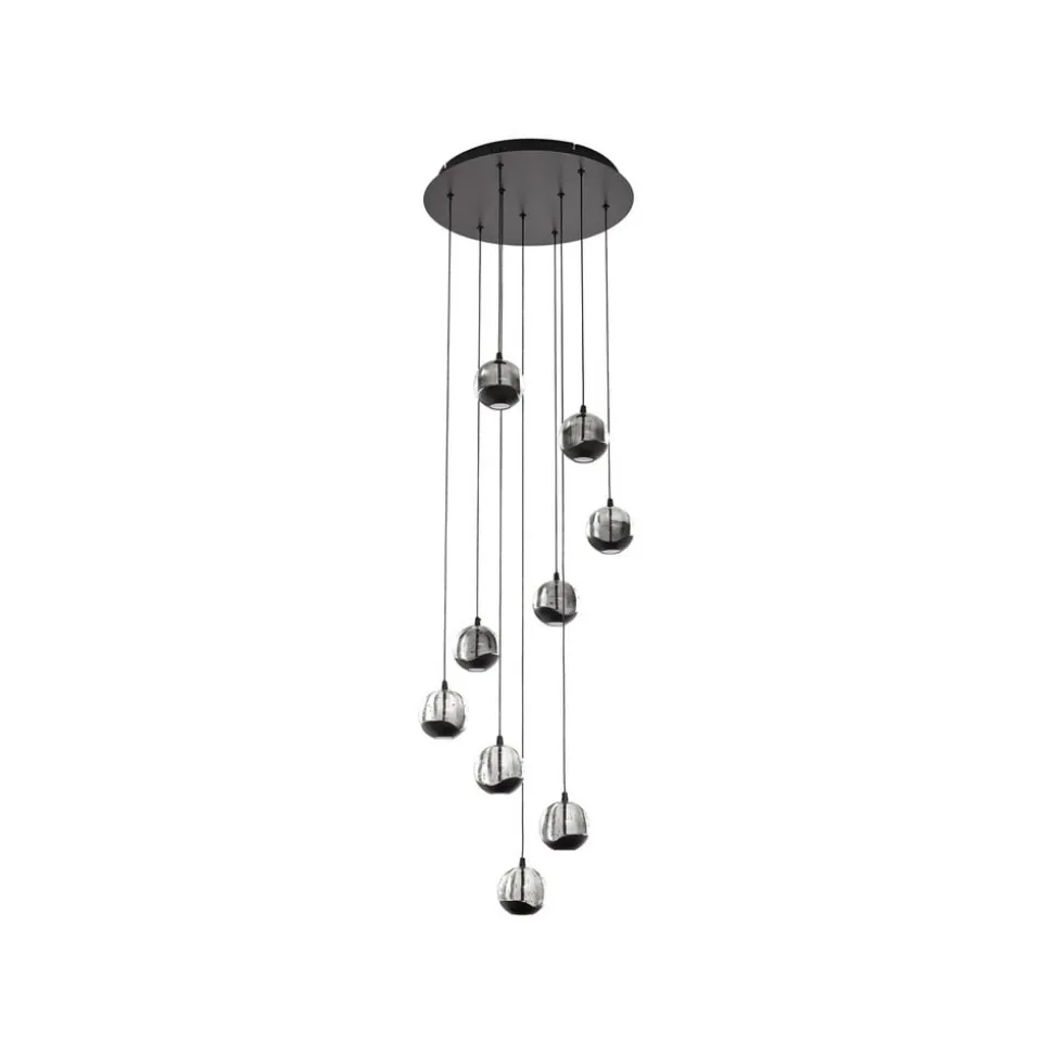 Lucande LED-hængelampe Hayley, sort, 9 lyskilder, glas