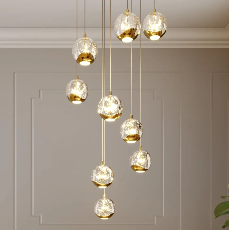 Lucande LED-hængelampe Hayley, Ø 40 cm, 9 lyskilder, guld, glas