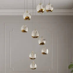 Lucande LED-hængelampe Hayley, Ø 40 cm, 9 lyskilder, guld, glas
