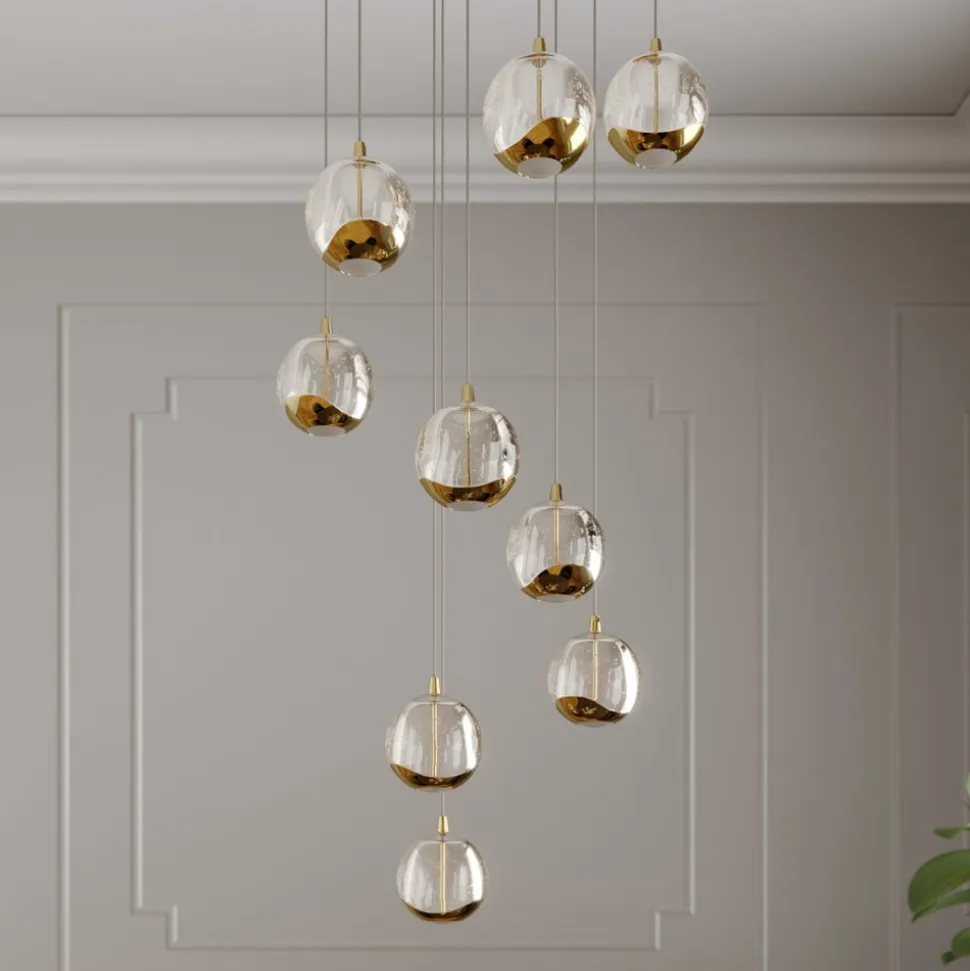 Lucande LED-hængelampe Hayley, Ø 40 cm, 9 lyskilder, guld, glas