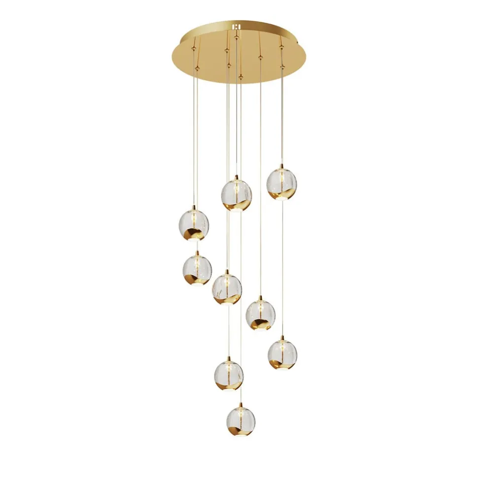 Lucande LED-hængelampe Hayley, Ø 40 cm, 9 lyskilder, guld, glas
