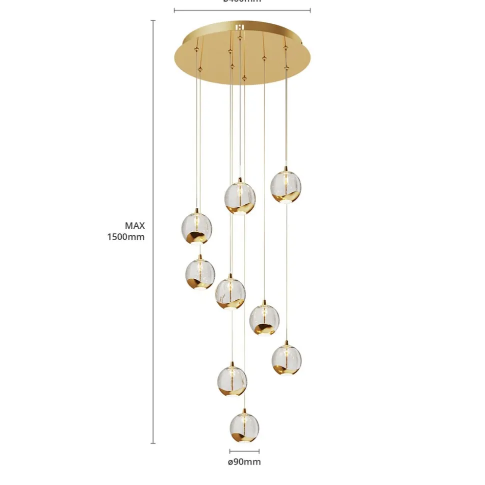 Lucande LED-hængelampe Hayley, Ø 40 cm, 9 lyskilder, guld, glas