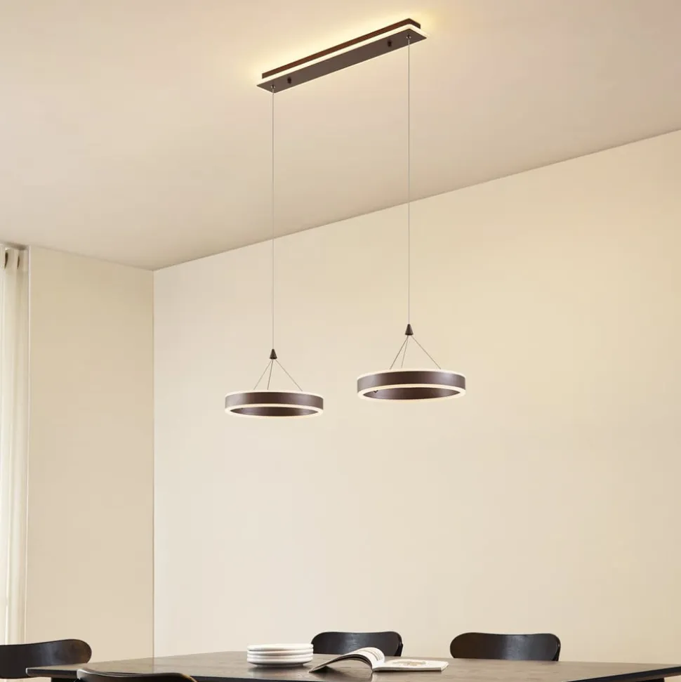 Lucande LED-hængelampe Kolo, 86 cm, 2 lyskilder, brun, dæmpbar