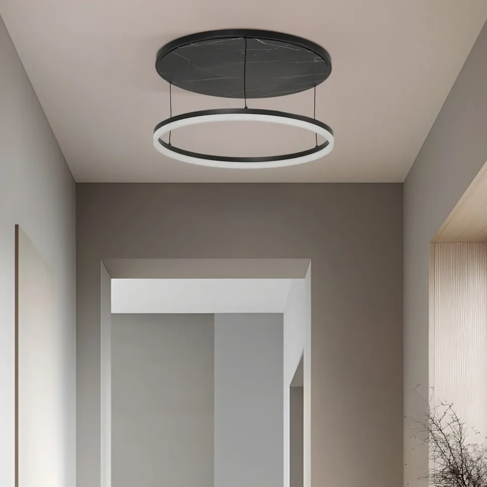 Lucande LED-loftlampe Orven, sort/marmor, Ø 50 cm, dæmpbar.