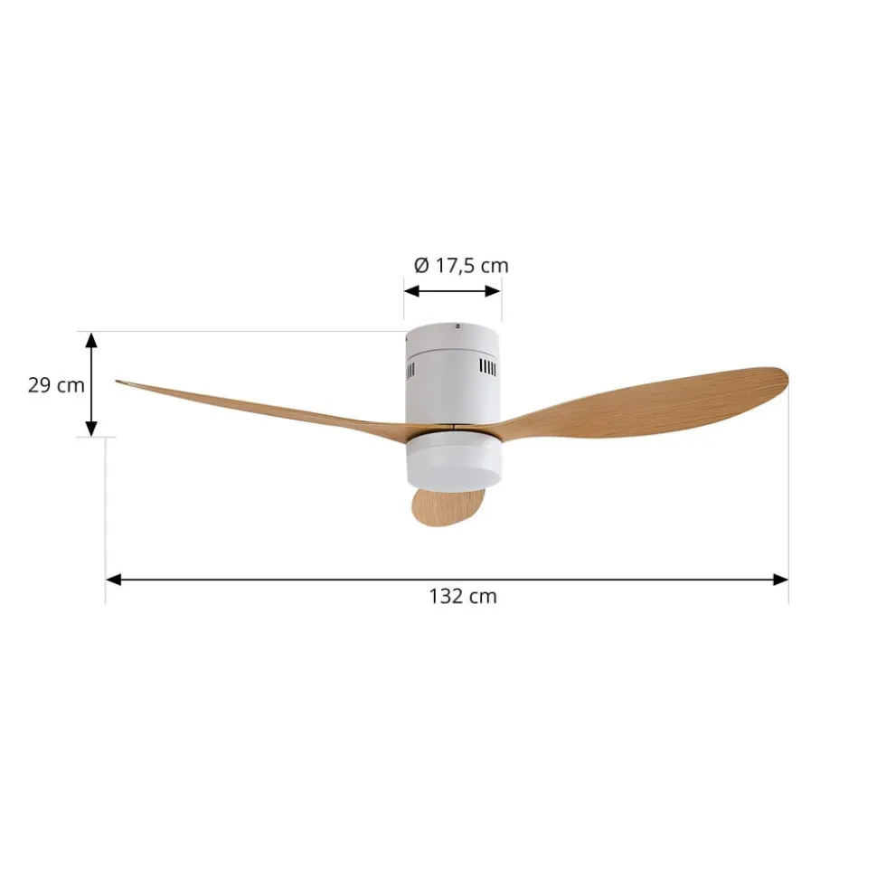 Lucande LED-loftventilator Kayu, hvid/træ, DC, 132 cm