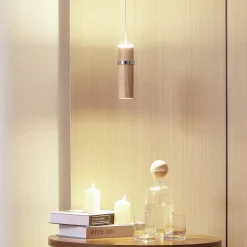 Lucande LED-pendel Nojus, træ, op/ned, Ø 6 cm