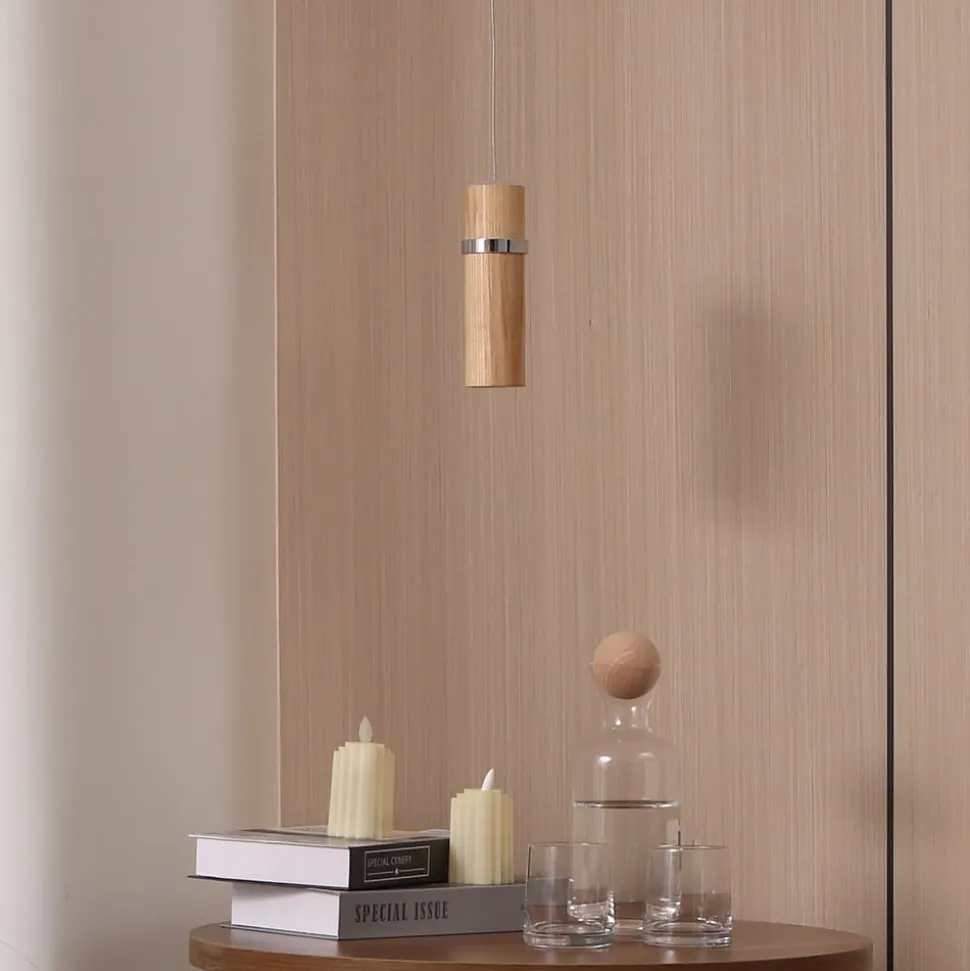 Lucande LED-pendel Nojus, træ, op/ned, Ø 6 cm