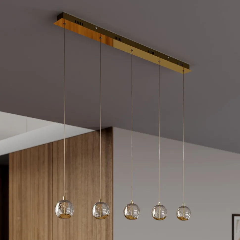 Lucande LED-pendellampe Hayley, 96 cm, 5 lyskilder, guld, glas