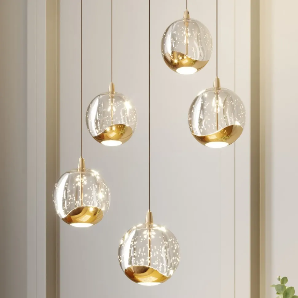 Lucande LED-pendellampe Hayley, Ø 30 cm, 5 lyskilder, guld, glas