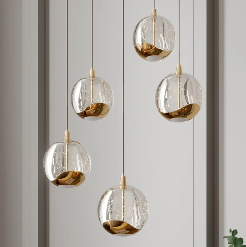 Lucande LED-pendellampe Hayley, Ø 30 cm, 5 lyskilder, guld, glas