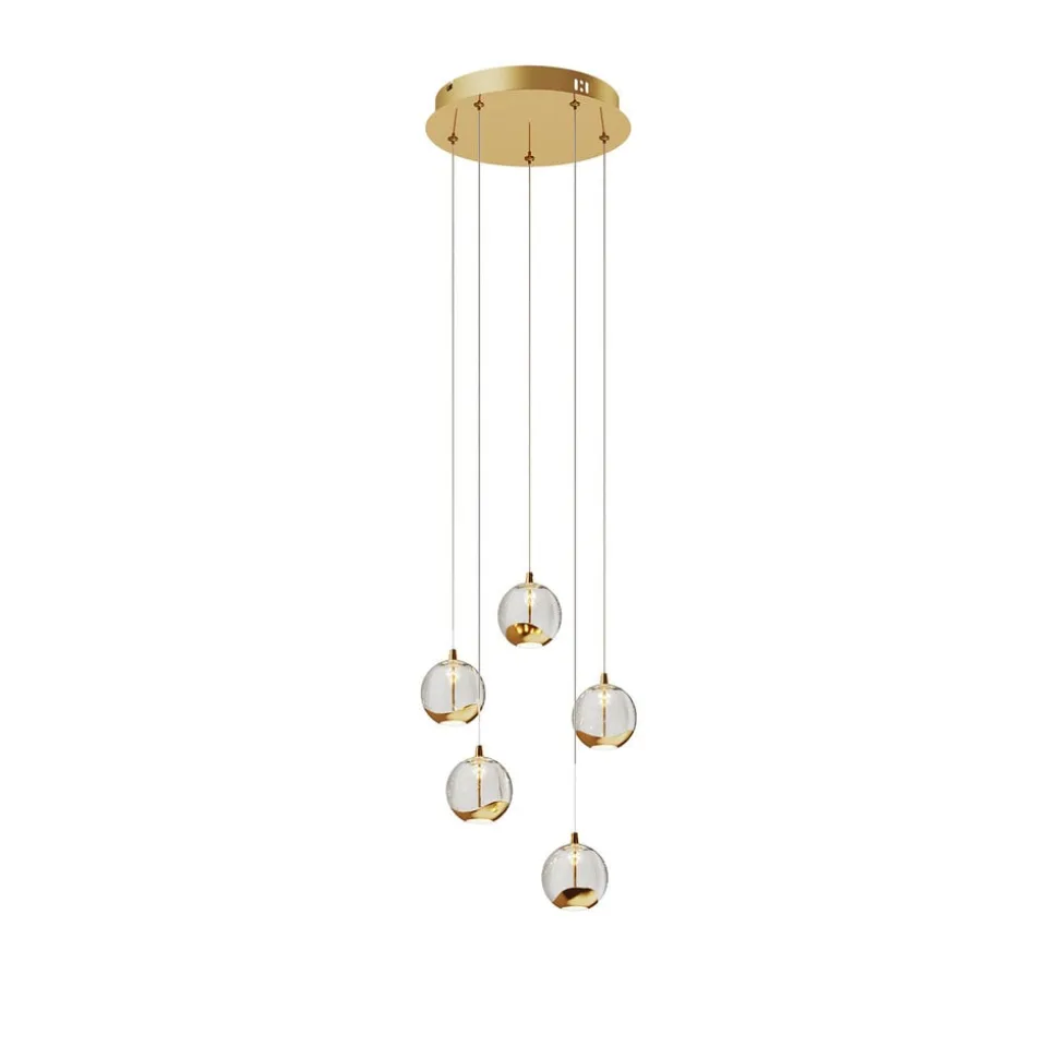 Lucande LED-pendellampe Hayley, Ø 30 cm, 5 lyskilder, guld, glas