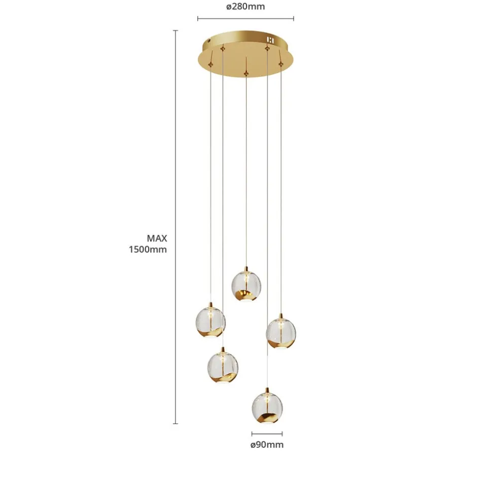 Lucande LED-pendellampe Hayley, Ø 30 cm, 5 lyskilder, guld, glas