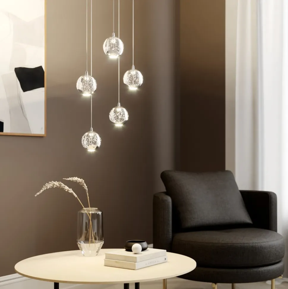 Lucande LED-pendellampe Hayley, Ø 30 cm, 5 lyskilder, krom, glas