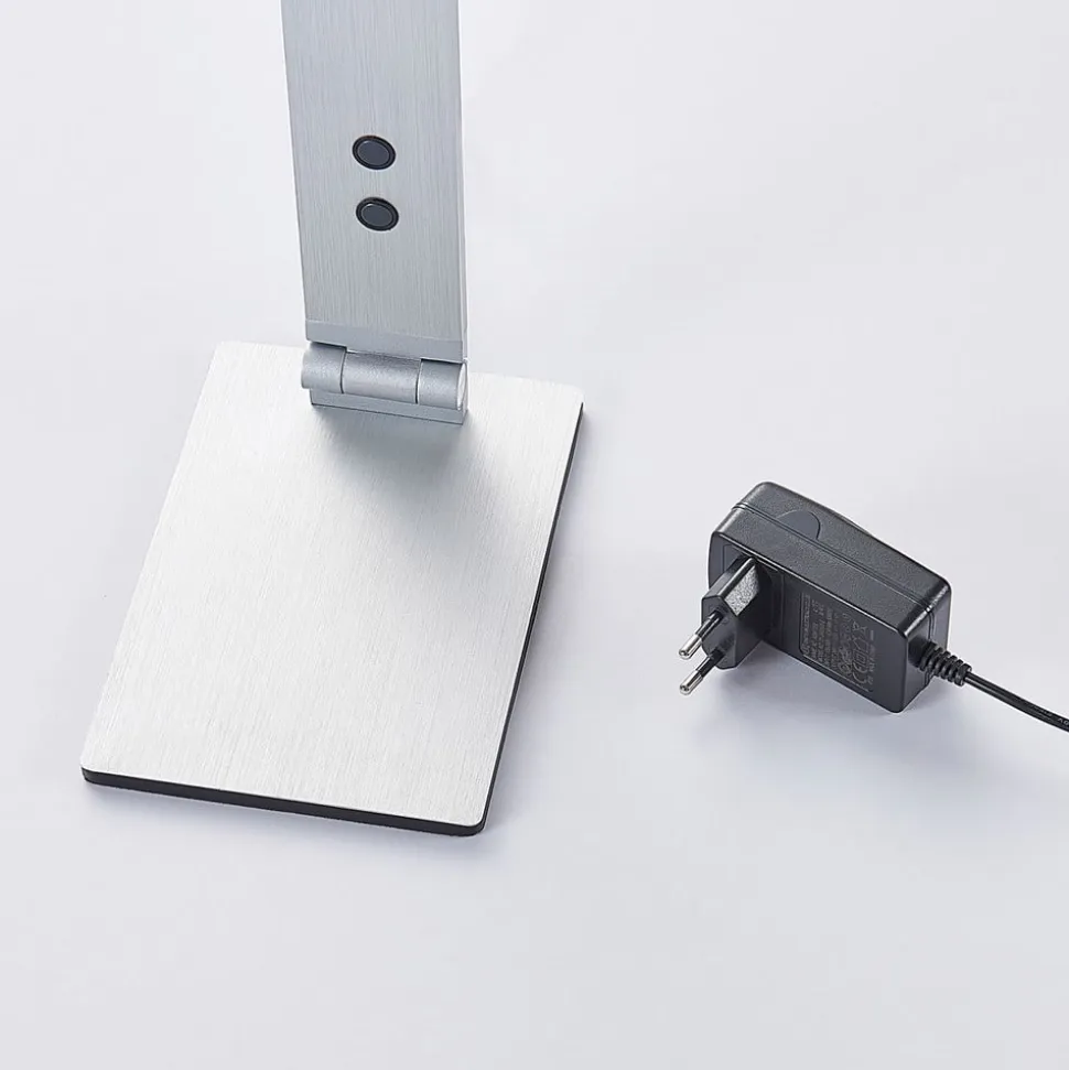 Lucande LED-skrivebordslampe Nicano, grå, metal, dæmpbar.