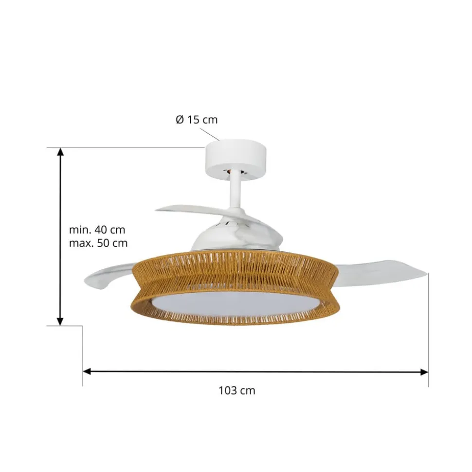 Lucande LED-ventilator Lineta, hvid, reb, Ø 103 cm, støjsvag