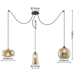 Lucande pendellampe Zyli, 3 lyskilder, røggrå, glas