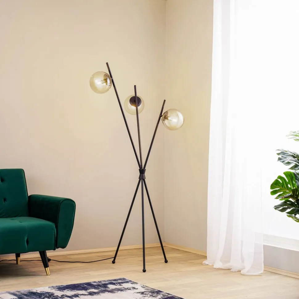 Lucande Sotiana gulvlampe, 3 glaskugler, sort