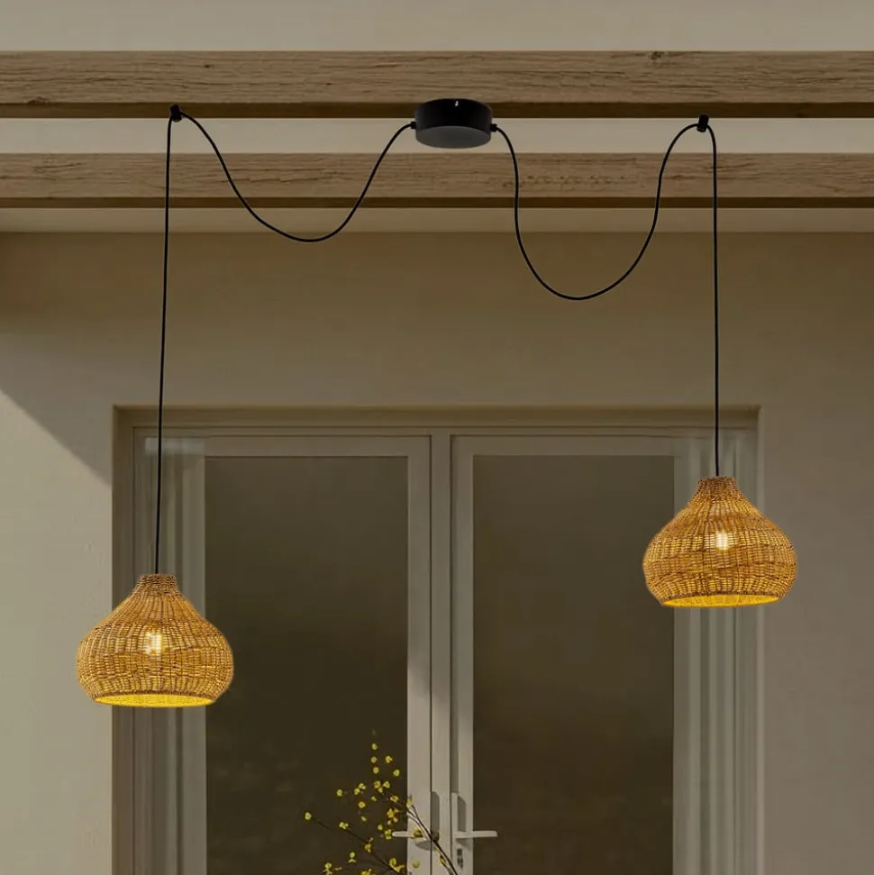 Lucande udendørs hængelampe Taniola, 2 lyskilder, beige, rattan, IP44