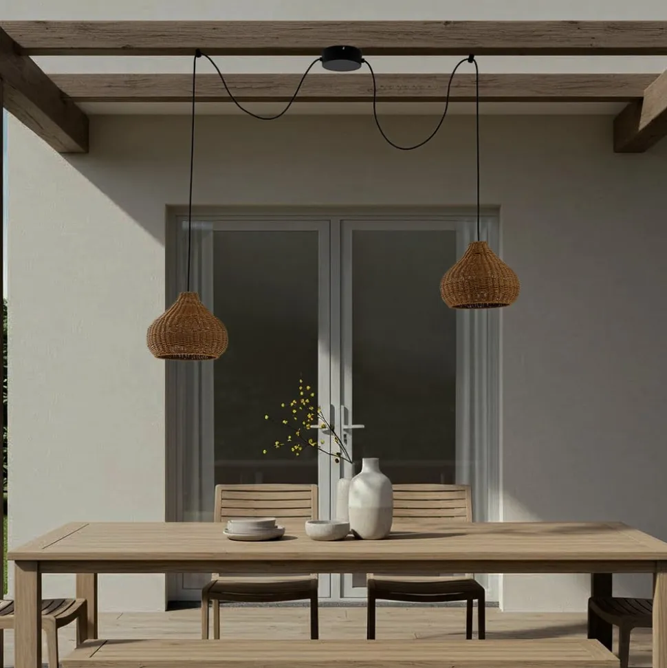 Lucande udendørs hængelampe Taniola, 2 lyskilder, beige, rattan, IP44
