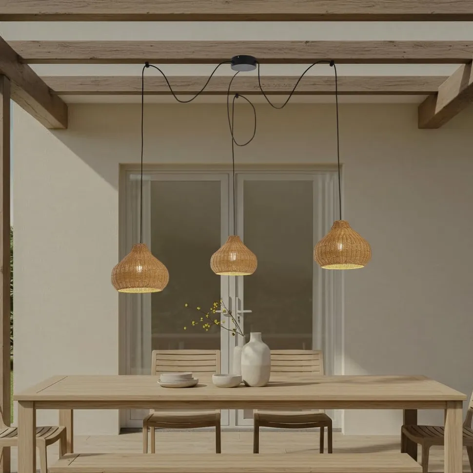 Lucande udendørs hængelampe Taniola, 3 lyskilder, beige, rattan, IP44